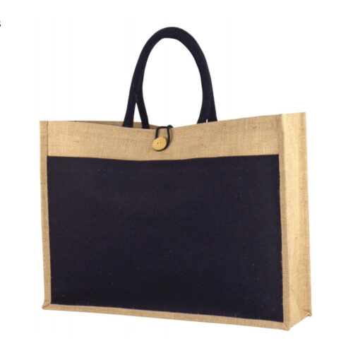 carrey wide laminated jute bag with button loop canvas pocket black 6790d179d71ba