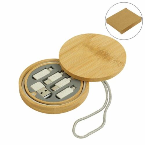 multi charging cable set in round bamboo case 6792537000805