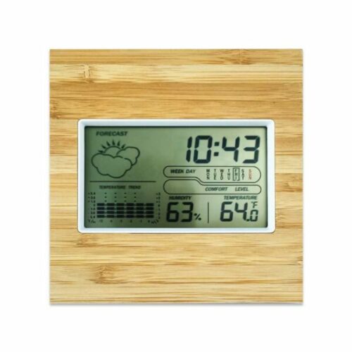 multi function bamboo digital clock with weather forecast calendar alarm temperature 67925db8cbfe0
