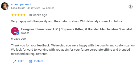 Corporate Gifts Dubai chand took corporates gift services in dubai from evergrow international and gave google review